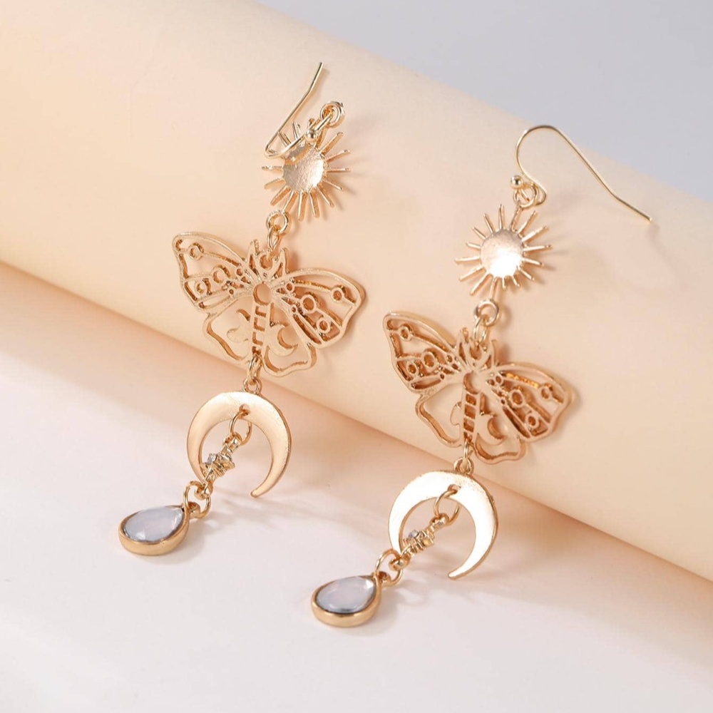 Gold Tone Butterfly Moon Earrings - Picture 2 of 3